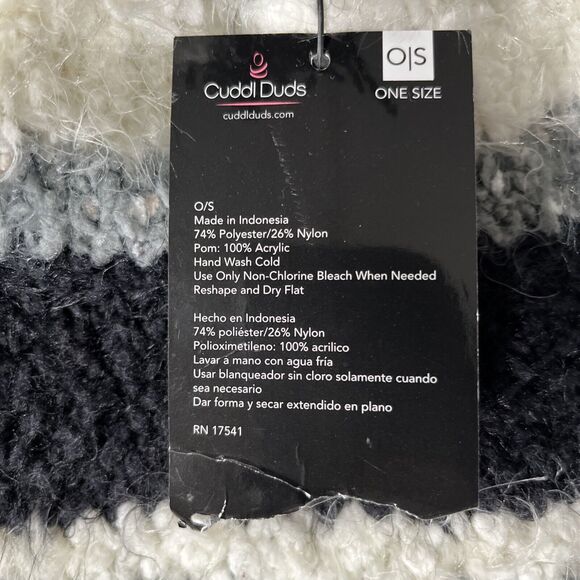 CUDDL DUDS~OS~Women's Ivory/black/grey Stripe Chenille Beanie with‎ Pom - Picture 2 of 5